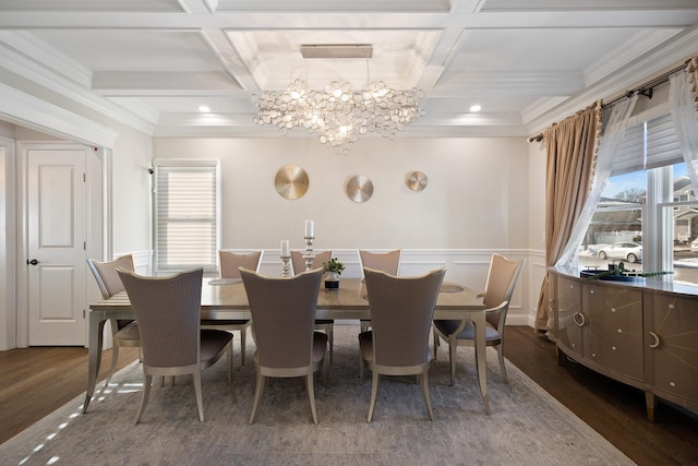 dining room featuring dark wood-type flooring, coffered ceiling, and an inviting chandelier