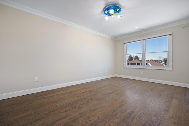 unfurnished room with dark wood-type flooring and ornamental molding