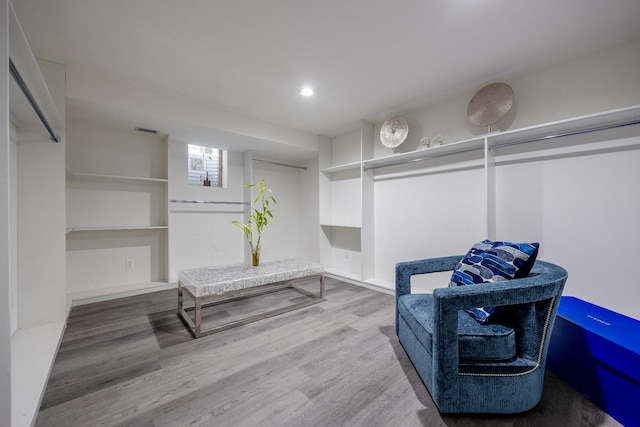 walk in closet with wood-type flooring