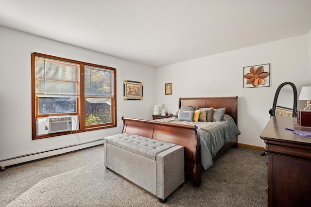 carpeted bedroom with cooling unit and a baseboard heating unit