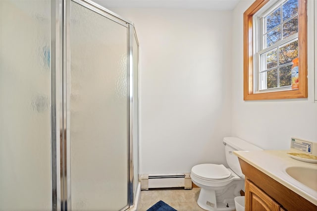 bathroom featuring a baseboard radiator, toilet, vanity, and a shower with shower door