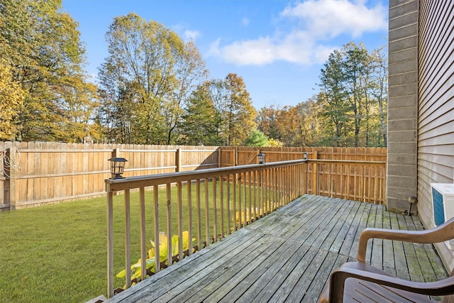 wooden deck featuring a lawn