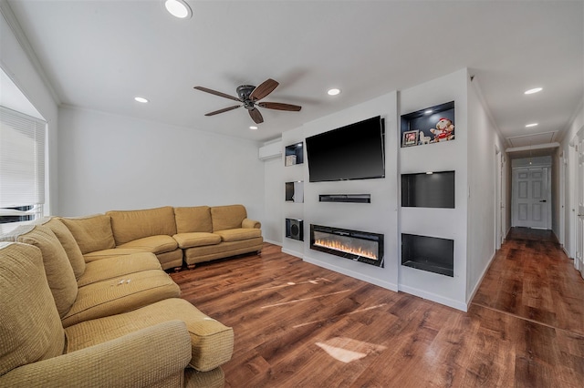 living room with dark hardwood / wood-style floors and ceiling fan