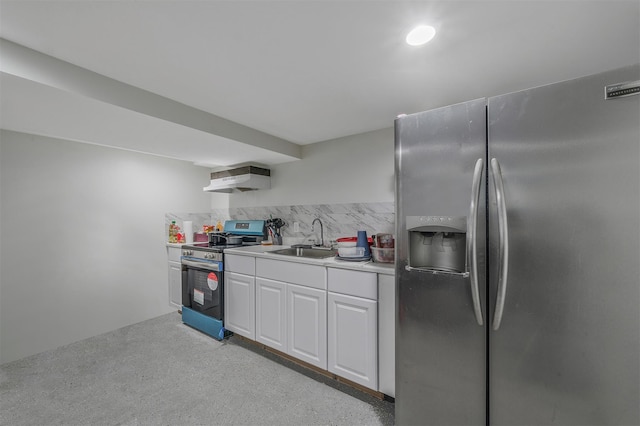 kitchen with tasteful backsplash, stainless steel appliances, sink, and white cabinets