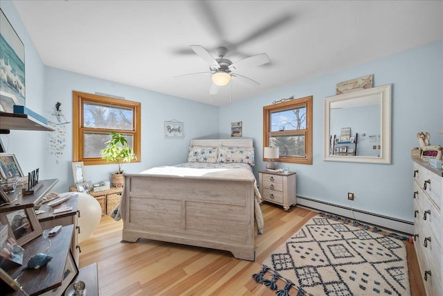 bedroom with multiple windows, light hardwood / wood-style flooring, ceiling fan, and baseboard heating