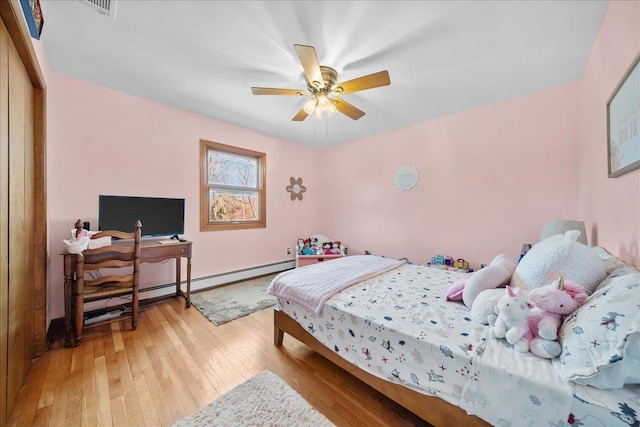 bedroom with ceiling fan and light wood-type flooring