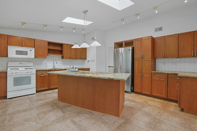 3 Dore Ct, New City, NY 10956 - kitchen featuring white appliances, a skylight, open shelves, backsplash, and high vaulted ceiling