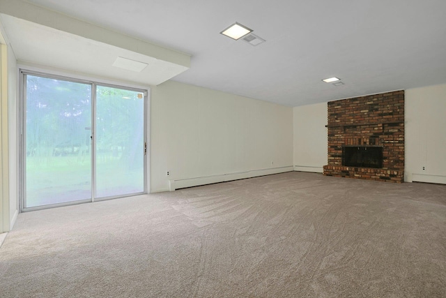 3 Dore Ct, New City, NY 10956 - unfurnished living room with a baseboard heating unit, carpet flooring, and a brick fireplace