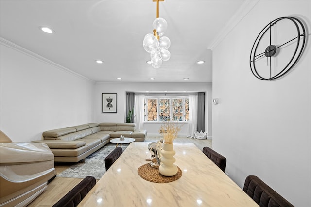 interior space with light hardwood / wood-style flooring and ornamental molding