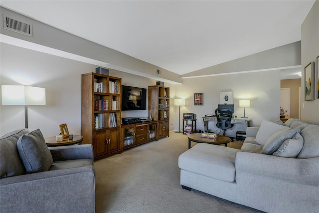 living room with lofted ceiling and carpet flooring