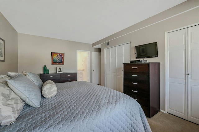 carpeted bedroom featuring multiple closets