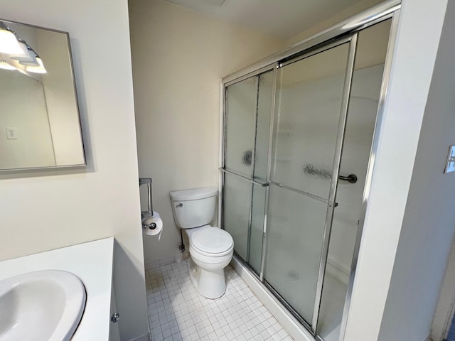 bathroom with tile patterned flooring, toilet, vanity, and walk in shower