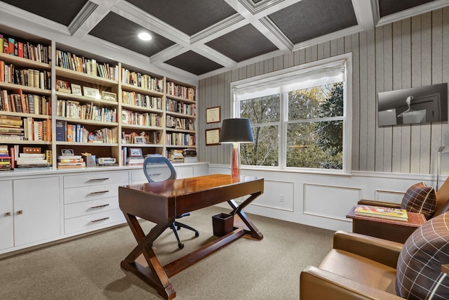 carpeted home office with ornamental molding, coffered ceiling, and beam ceiling