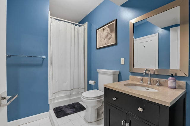 full bath with a shower with shower curtain, toilet, vanity, tile patterned flooring, and baseboards