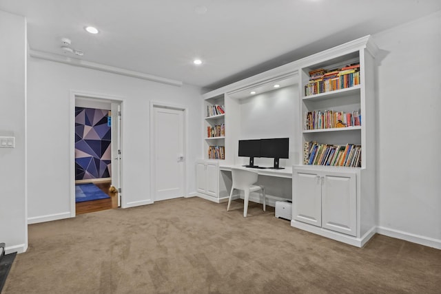 office space featuring baseboards, carpet, and recessed lighting