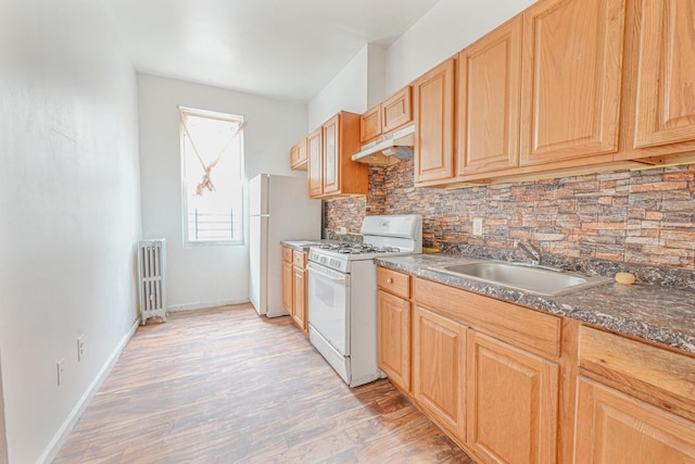 kitchen featuring sink, light wood-type flooring, white appliances, dark stone counters, and decorative backsplash