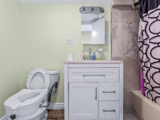 full bathroom featuring vanity, shower / bathtub combination with curtain, and toilet