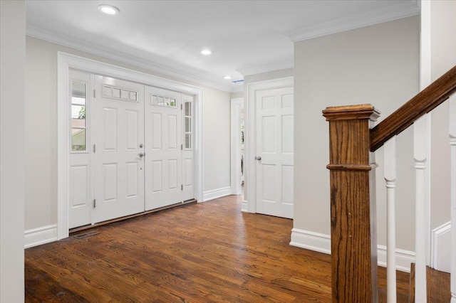 4 Clover Pl, New Rochelle, NY 10805 - entryway featuring crown molding, dark wood-style floors, recessed lighting, baseboards, and stairway