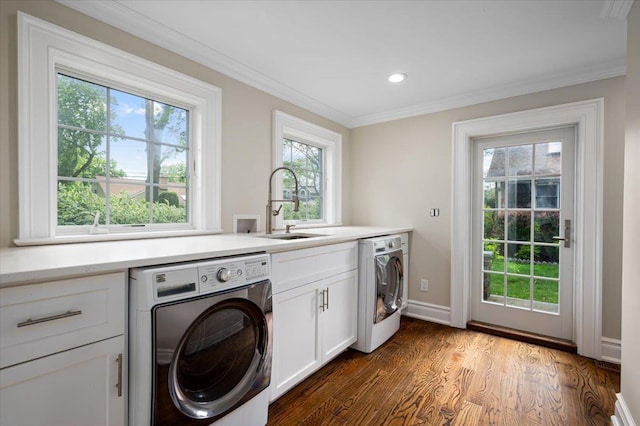 4 Clover Pl, New Rochelle, NY 10805 - washroom featuring washer / clothes dryer, cabinet space, plenty of natural light, crown molding, and recessed lighting