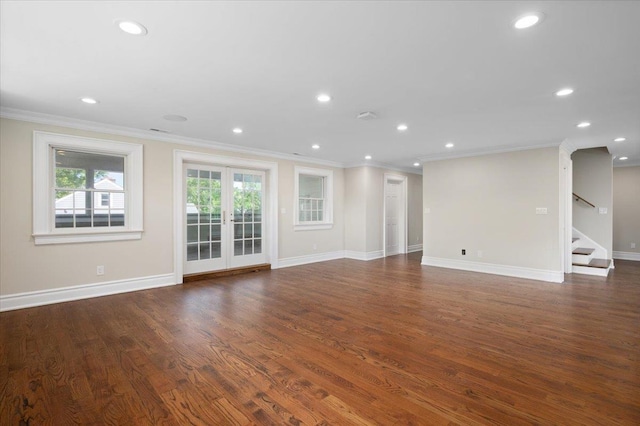 4 Clover Pl, New Rochelle, NY 10805 - unfurnished living room with crown molding, recessed lighting, baseboards, stairs, and wood finished floors