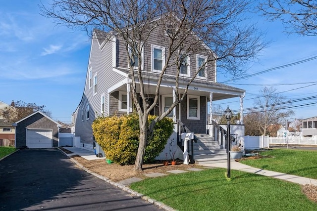 view of front facade featuring a garage, an outdoor structure, a front lawn, and covered porch