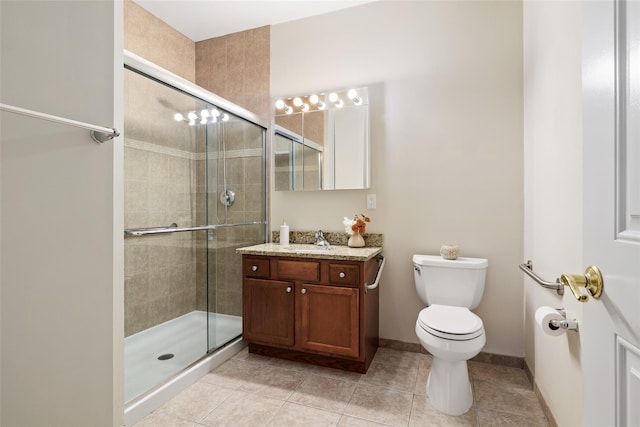 bathroom with tile patterned flooring, toilet, vanity, and walk in shower