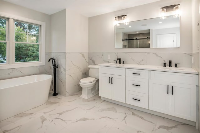 full bathroom featuring vanity, toilet, and plus walk in shower