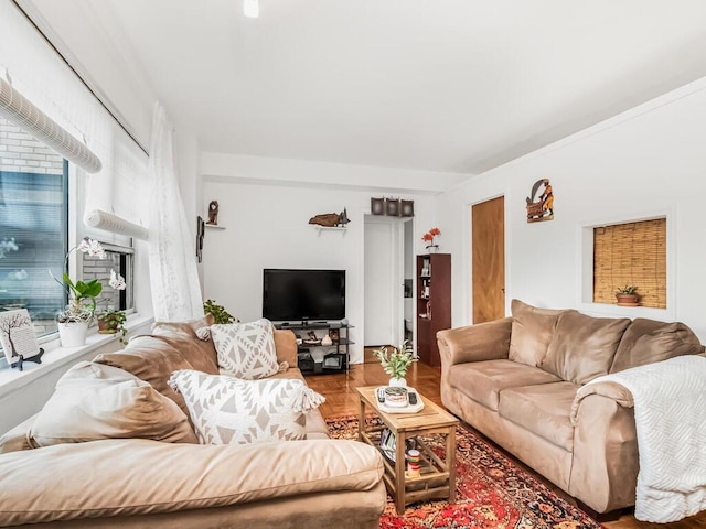 living room with parquet flooring