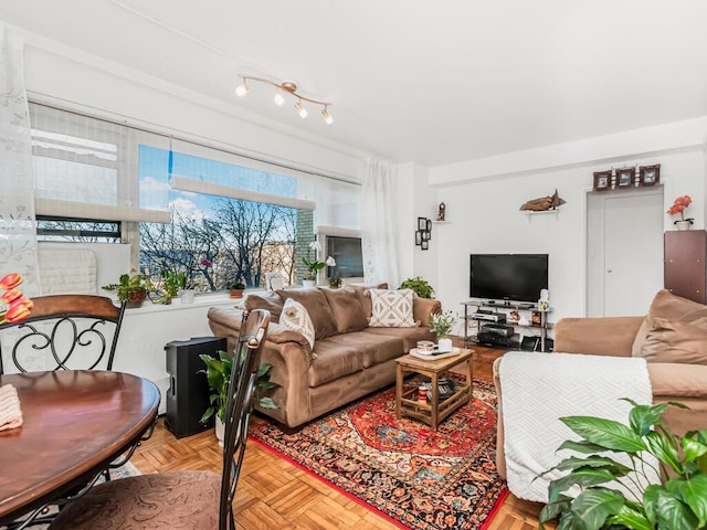 living room featuring light parquet flooring