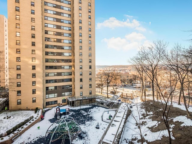 view of snow covered building