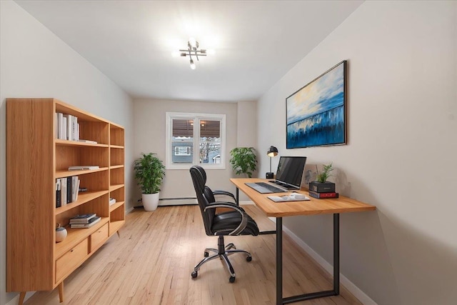 office space with a baseboard heating unit and light hardwood / wood-style floors