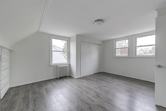 additional living space featuring lofted ceiling, radiator, and dark wood-type flooring