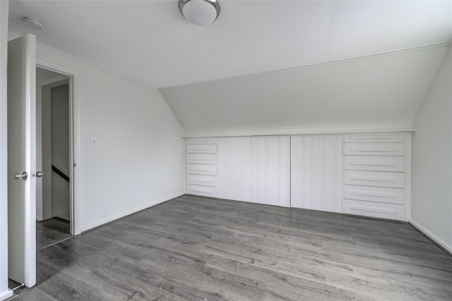 additional living space featuring dark wood-type flooring and lofted ceiling