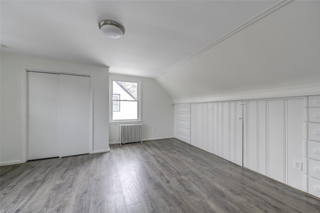 additional living space with lofted ceiling, radiator heating unit, and light wood-type flooring