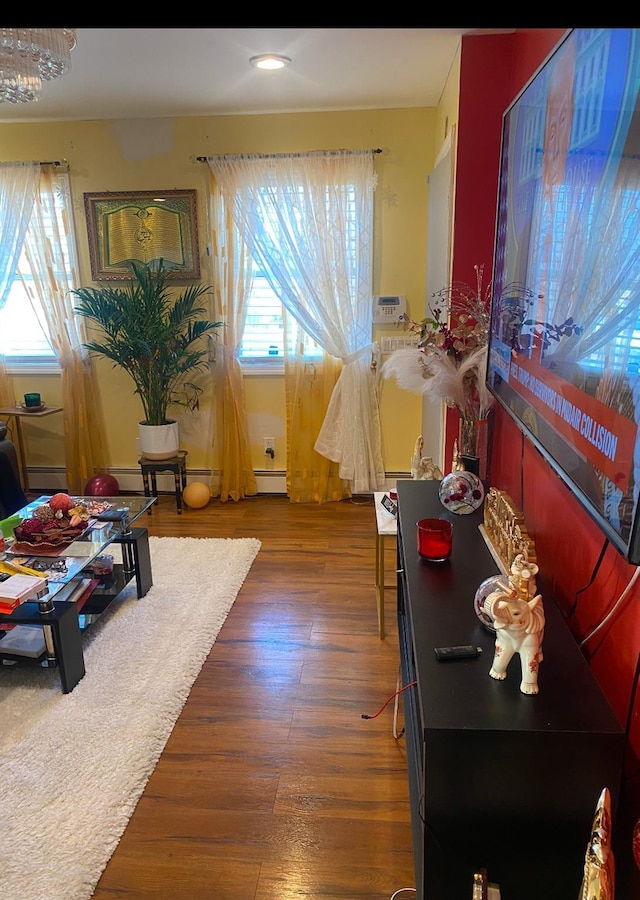 interior space featuring dark hardwood / wood-style flooring and a baseboard heating unit