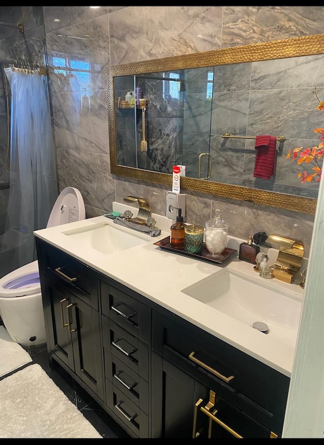 bathroom with toilet, tasteful backsplash, tile walls, vanity, and a shower with shower curtain