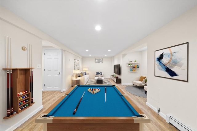 rec room featuring wood-type flooring, billiards, and baseboard heating