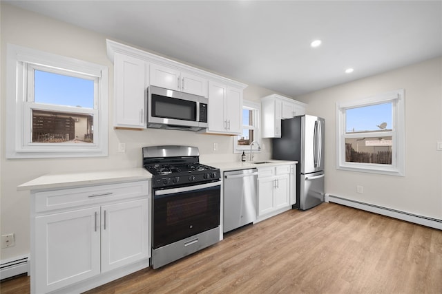 kitchen with white cabinetry, sink, baseboard heating, and appliances with stainless steel finishes