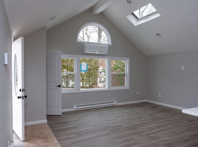 unfurnished living room featuring an AC wall unit, hardwood / wood-style floors, high vaulted ceiling, beamed ceiling, and a baseboard radiator