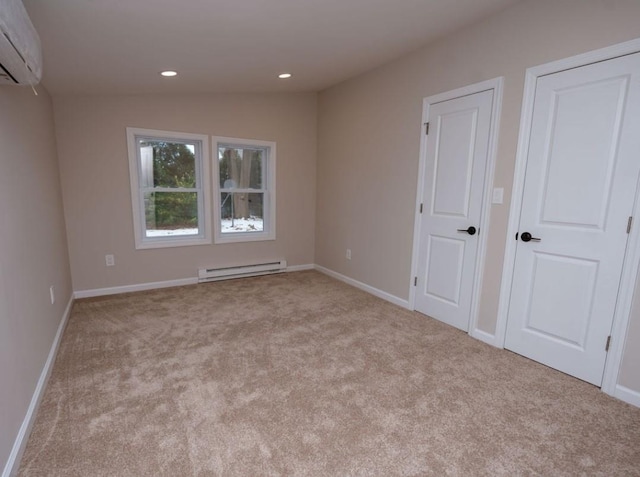 unfurnished bedroom featuring lofted ceiling, a wall unit AC, light carpet, and baseboard heating