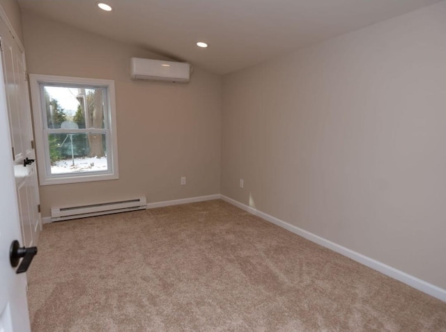 empty room featuring light colored carpet, lofted ceiling, an AC wall unit, and a baseboard heating unit