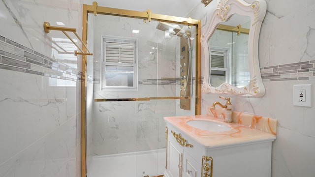 bathroom featuring vanity and walk in shower