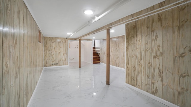 basement with wood walls