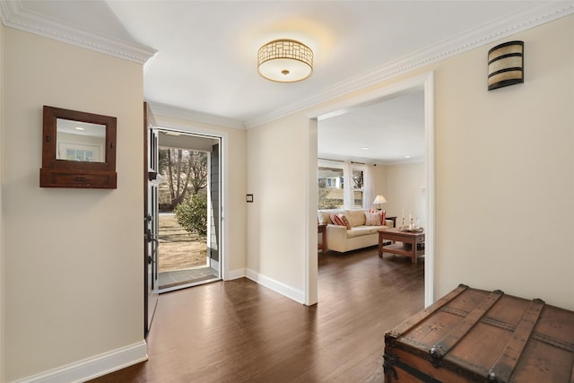 foyer featuring baseboards, dark wood-type flooring, and crown molding