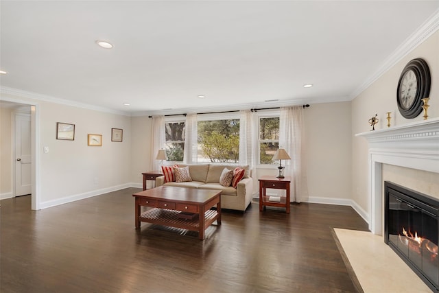 living room featuring dark wood-style flooring, ornamental molding, baseboards, and a premium fireplace