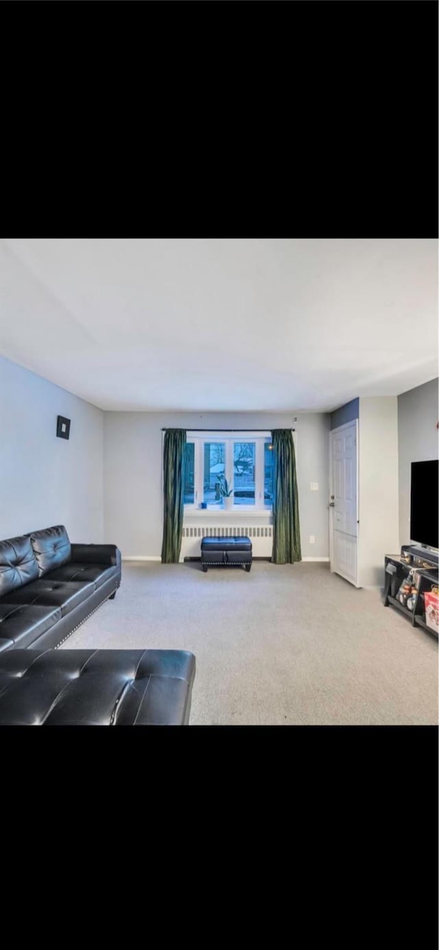 carpeted living room featuring radiator heating unit