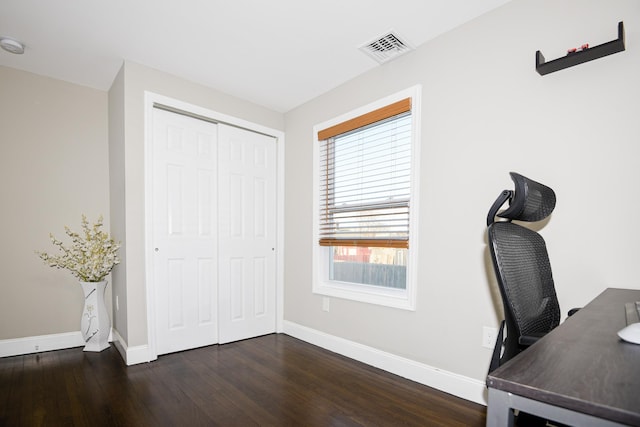 home office featuring dark hardwood / wood-style floors