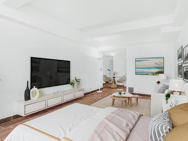 living room featuring a tray ceiling and wood-type flooring