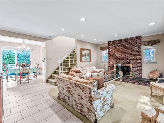 80-51 Little Neck Pkwy, Glen Oaks, NY 11004 - living area featuring a chandelier, stairway, recessed lighting, a fireplace, and tile patterned floors