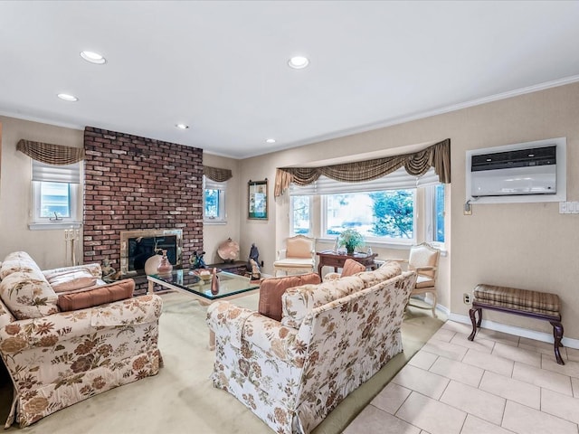 80-51 Little Neck Pkwy, Glen Oaks, NY 11004 - living area with a wall unit AC, plenty of natural light, ornamental molding, recessed lighting, and baseboards